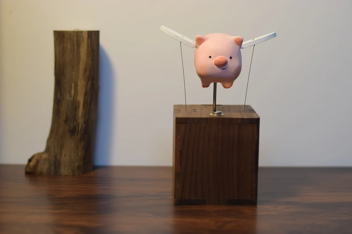 Wooden flying piggy, automata piggy, music box, wooden mechanical pig, Ornament, Wood art, Statue, Sculpture, Home Decor, Woodcarving,No music
