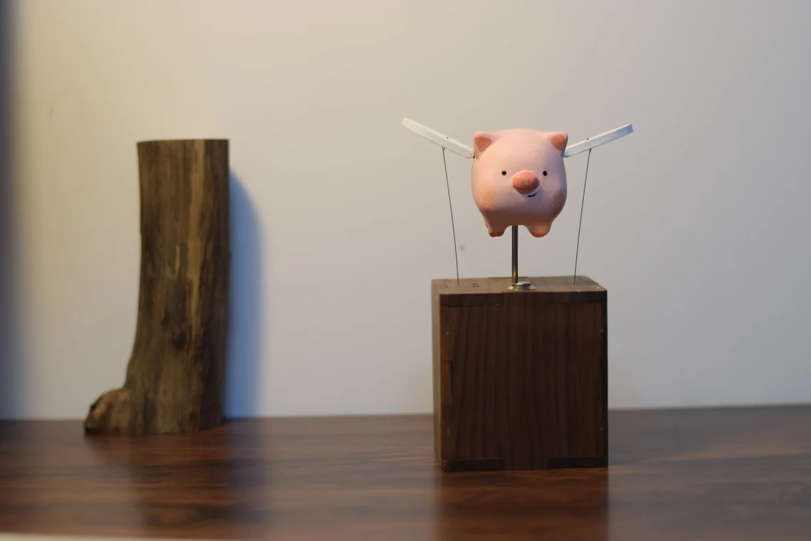Wooden flying piggy, automata piggy, music box, wooden mechanical pig, Ornament, Wood art, Statue, Sculpture, Home Decor, Woodcarving,No music
