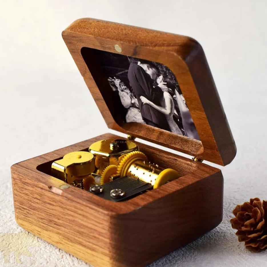Personalized Music Box-Vintage Walnut Wood Music Box-Custom Music Box with Photo-Music Gifts-Photo Gifts-Christmas Gift-Choose Melody