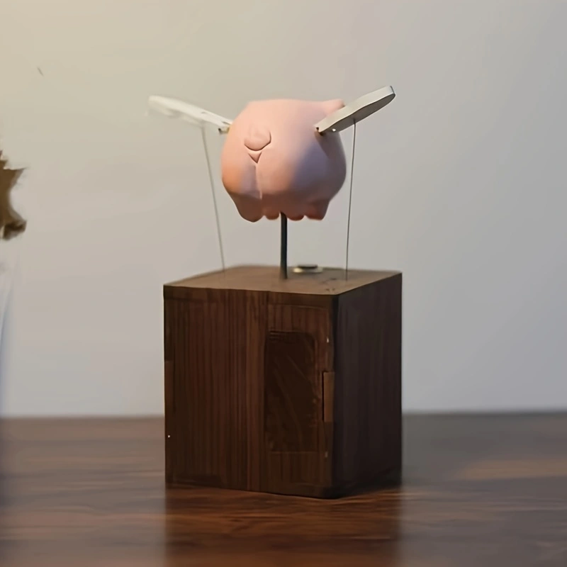 Wooden flying piggy, automata piggy, music box, wooden mechanical pig, Ornament, Wood art, Statue, Sculpture, Home Decor, Woodcarving,No music
