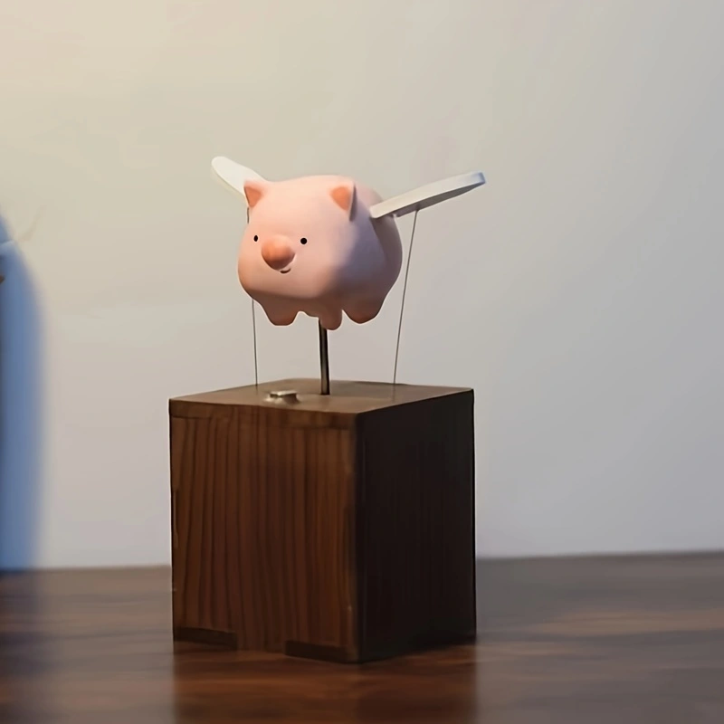 Wooden flying piggy, automata piggy, music box, wooden mechanical pig, Ornament, Wood art, Statue, Sculpture, Home Decor, Woodcarving,No music