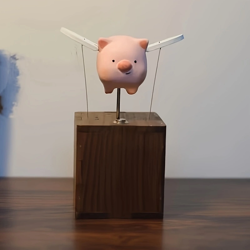 Wooden flying piggy, automata piggy, music box, wooden mechanical pig, Ornament, Wood art, Statue, Sculpture, Home Decor, Woodcarving,No music
