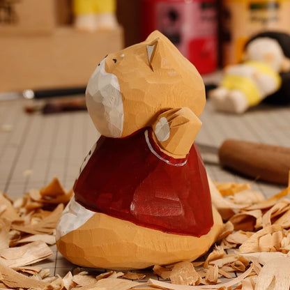 Handmade Wang Chai Shiba Inu puppy dog small wood carving ornaments cute decoration mood healing computer desk ornaments gift female