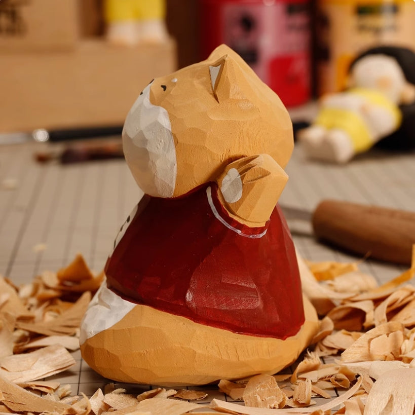 Handmade Wang Chai Shiba Inu puppy dog small wood carving ornaments cute decoration mood healing computer desk ornaments gift female