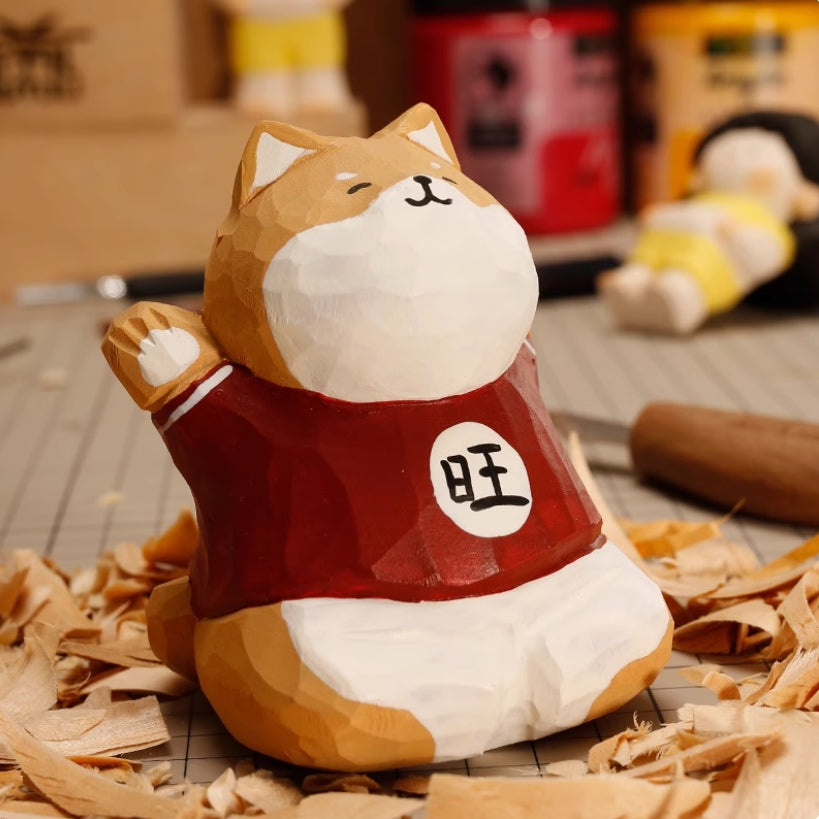 Handmade Wang Chai Shiba Inu puppy dog small wood carving ornaments cute decoration mood healing computer desk ornaments gift female