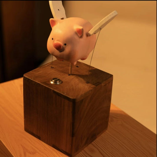 Wooden flying piggy, automata piggy, music box, wooden mechanical pig, Ornament, Wood art, Statue, Sculpture, Home Decor, Woodcarving，No music